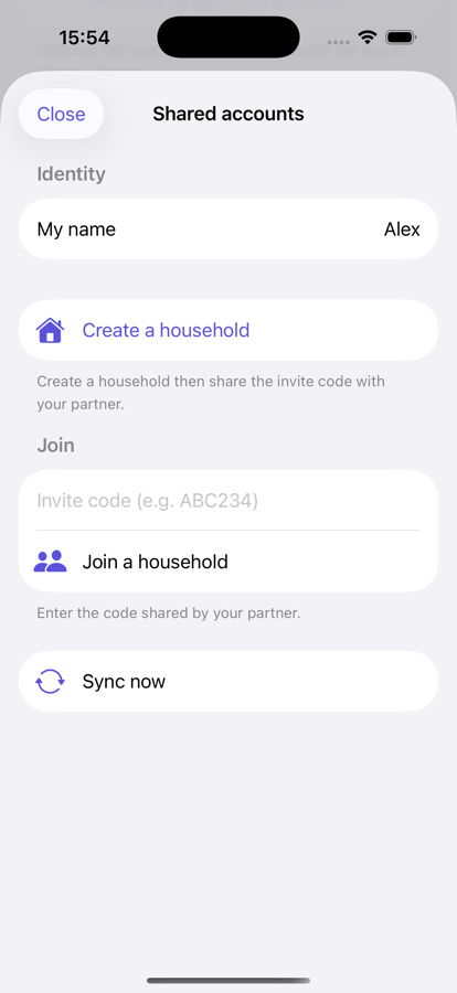 Shared accounts screen: create or join a household