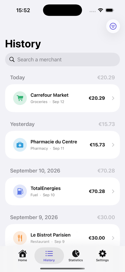 Transaction history with merchants, categories and dates