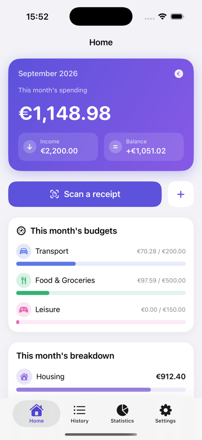 Spendwe home screen showing monthly spending and budgets