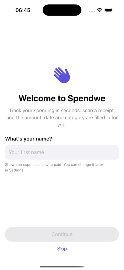 Spendwe welcome screen